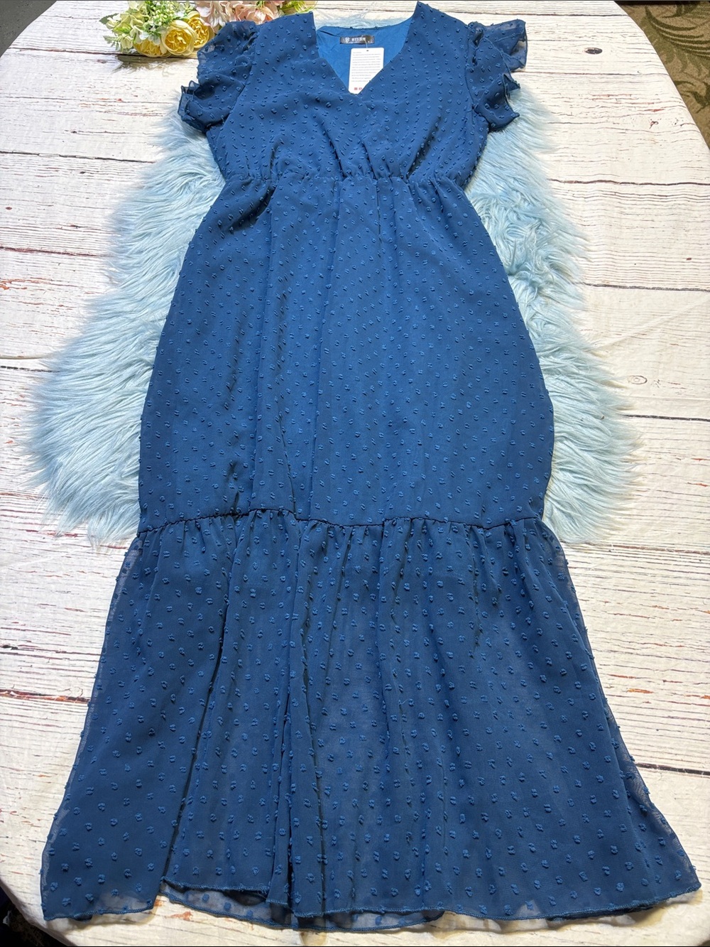 NWT BTFBM Blue Swiss Dot Ruffle Short Sleeve Midi Dress sz S